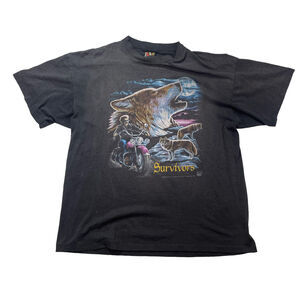 Vintage 3D Emblem Survivors‎ Black T Shirt XL Wolf Motorcycle